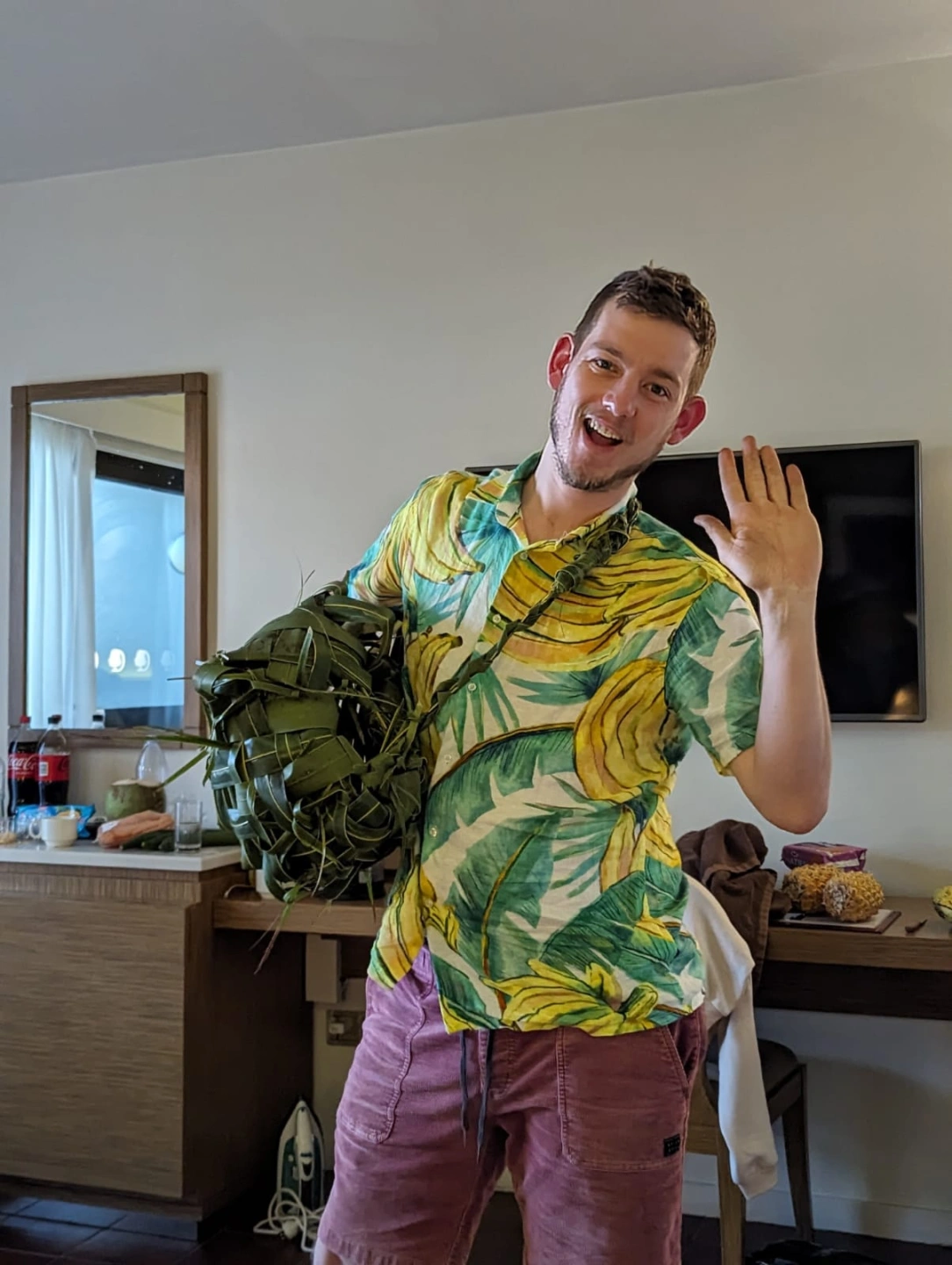 Ian with a Fijian palm leaf bag